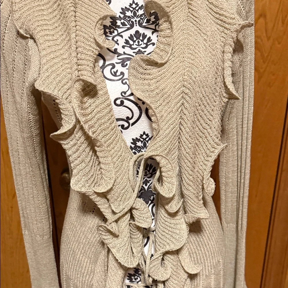 Boston Proper Tan Waterfall Ruffled Longline Cardigan with Ties Lightweight Med - Picture 4 of 11
